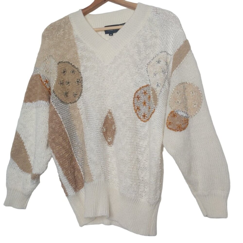Vintage 80s Answers by Riddler Womens M Sweater White Tan Glitter Mixed Knit
